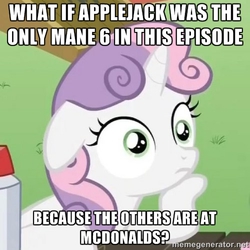 Size: 500x500 | Tagged: safe, edit, edited screencap, screencap, applejack, sweetie belle, g4, leap of faith, ponyville confidential, cropped, female, floppy ears, hoof on chin, image macro, mcdonald's, meme, solo, sudden clarity sweetie belle