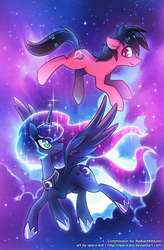 Size: 590x900 | Tagged: safe, artist:jopiter, princess luna, oc, g4, duo, ethereal mane, floating, full body, looking at each other, looking at someone, side view, spread wings, starry mane, wings
