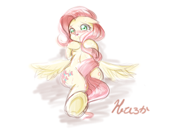Size: 1600x1200 | Tagged: safe, artist:haruno hiroka, fluttershy, pegasus, pony, g4, abstract background, blushing, covering, crying, cutie mark, eyebrows, eyelashes, female, floppy ears, green eyes, open mouth, pink mane, pixiv, solo, tail covering, underhoof, wings