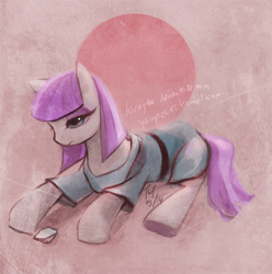 Size: 596x600 | Tagged: safe, artist:alaskayu, boulder (g4), maud pie, earth pony, pony, g4, female, lidded eyes, prone, signature, solo