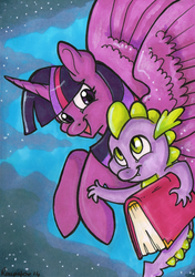 Size: 600x852 | Tagged: safe, artist:reaperfox, spike, twilight sparkle, alicorn, pony, g4, book, female, mare, traditional art, twilight sparkle (alicorn)