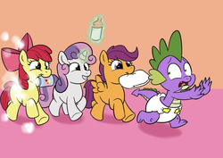 Size: 1248x883 | Tagged: safe, artist:artiecanvas, apple bloom, scootaloo, spike, sweetie belle, dragon, earth pony, pegasus, pony, unicorn, g4, baby bottle, baby powder, bottle, chase, cute, cutie mark crusaders, diaper, female, filly, foal, foal powder, funny, grin, levitation, looking back, magic, male, mouth hold, pinpoint eyes, poofy diaper, running away, smiling, telekinesis, tree sap and pine needles