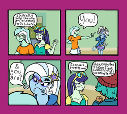 Size: 1024x925 | Tagged: safe, artist:oneovertwo, abnormal norman, blueberry cake, lyra heartstrings, trixie, comic:trixie enemy of, comic:trixie enemy of a rare situation, equestria girls, g4, background human, blood, comic, scratches