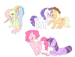 Size: 500x382 | Tagged: safe, artist:ines-takeya, applejack, fluttershy, pinkie pie, rainbow dash, rarity, twilight sparkle, g4, female, lesbian, mane six, ship:flutterdash, ship:rarijack, ship:twinkie, shipping