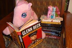 Size: 1024x682 | Tagged: safe, pinkie pie (g3), rainbow dash (g3), g3, book, female, glenn beck, hasbro, irl, photo, plushie, reading, toy, why sid why