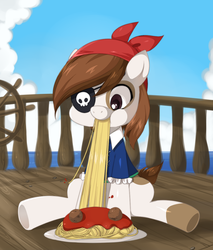 Size: 800x940 | Tagged: dead source, safe, artist:jiayi, pipsqueak, earth pony, g4, cloud, cloudy, colt, cute, eyepatch, foal, food, male, meatball, pipsqueak eating spaghetti, pirate costume, ponies eating meat, ship, solo, spaghetti, squeakabetes
