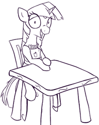 Size: 362x460 | Tagged: artist needed, safe, twilight sparkle, g4, apron, clothes, female, monochrome, solo, table