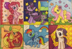 Size: 2511x1740 | Tagged: safe, artist:tabbyangelcake, applejack, fluttershy, pinkie pie, rainbow dash, rarity, spike, twilight sparkle, g4, mane seven, mane six, traditional art