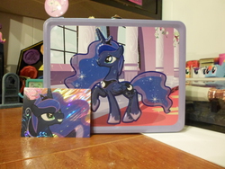 Size: 3648x2736 | Tagged: safe, enterplay, princess luna, g4, adventure time, bmo, foil cards, high res, lunchbox, male, merchandise, trading card