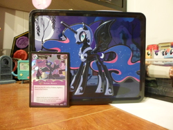 Size: 3648x2736 | Tagged: safe, enterplay, nightmare moon, princess luna, rainbow dash, rarity, earth pony, pony, canterlot nights, g4, my little pony collectible card game, adventure time, armor, bmo, ccg, female, foil, helmet, high res, hoof shoes, irl, lunchbox, mare, merchandise, peytral, photo, princess shoes, raised hooves, rearing, spread wings, tail, trading card, wings