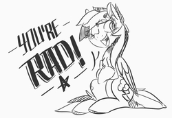 Size: 951x655 | Tagged: safe, artist:xieril, rainbow dash, pegasus, pony, g4, beanbrows, calligraphy, eyebrows, eyebrows visible through hair, female, mare, monochrome, motivational, one eye closed, open mouth, pentagram, simple background, sitting, sketch, solo, talking, talking to viewer, white background