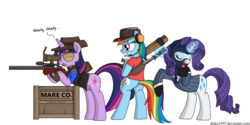 Size: 1024x512 | Tagged: safe, artist:drako1997, rainbow dash, rarity, twilight sparkle, pegasus, pony, g4, backstab, balisong, baseball bat, bipedal, butterfly knife, comic, crossover, cutie mark, eyes closed, female, glasses, glowing horn, gun, headset, hooves, horn, knife, levitation, magic, mare, necktie, optical sight, rainbow scout, rarispy, rifle, scout (tf2), simple background, smiling, sniper, sniper (tf2), sniper rifle, spy, spy (tf2), talking, team fortress 2, teeth, telekinesis, text, tongue out, transparent background, twilight sniper, weapon, wingless