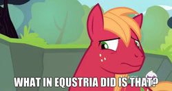 Size: 1023x543 | Tagged: safe, screencap, big macintosh, earth pony, pony, g4, leap of faith, caption, grammar error, male, meme, solo, stallion