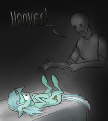 Size: 500x557 | Tagged: safe, artist:el-yeguero, lyra heartstrings, oc, oc:anon, human, g4, bed, floppy ears, hand fetish, hoof fetish, imminent rape, legs in air, nightmare fuel, no face, no thank you, on back, role reversal, scared, wide eyes