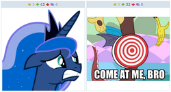 Size: 386x208 | Tagged: safe, discord, princess luna, derpibooru, g4, come at me bro, exploitable meme, juxtaposition, juxtaposition win, meme, meta