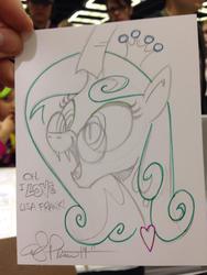 Size: 768x1024 | Tagged: safe, artist:andy price, idw, queen chrysalis, g4, female, glasses, lisa frank, mirror universe, reversalis, solo, traditional art