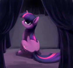 Size: 2800x2600 | Tagged: safe, artist:sokolas, twilight sparkle, g4, curtains, female, high res, looking at you, looking back, sitting, smiling, solo