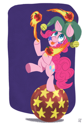 Size: 1050x1575 | Tagged: safe, artist:fauxsquared, pinkie pie, g4, apple, balancing, ball, female, fire, juggling, solo, tongue out