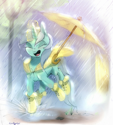 Size: 1848x2057 | Tagged: safe, artist:carligercarl, lyra heartstrings, pony, unicorn, g4, boots, eyes closed, female, happy, jumping, open mouth, puddle, rain, smiling, solo, streetlight, umbrella