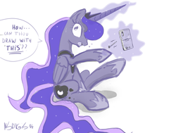 Size: 3000x2265 | Tagged: dead source, safe, artist:nadvgia, princess luna, g4, cellphone, female, high res, lg, magic, open mouth, pointing, sitting, solo, speech bubble, surprised, telekinesis, wide eyes