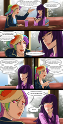 Size: 2480x4900 | Tagged: safe, artist:smilingdogz, rainbow dash, twilight sparkle, human, comic:thousand lights, g4, blushing, book, coffee cup, comic, cup, duo, female, humanized, lesbian, police officer, ponytail, ship:twidash, speech bubble, woman