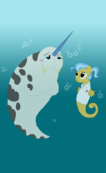 Size: 778x1267 | Tagged: safe, artist:thelastgherkin, doctor fauna, nar wally, narwhal, sea pony, g4, my little pony: under the sparkling sea, blushing, bubble, cute, smiling, species swap, underwater