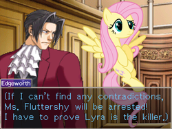 Size: 800x600 | Tagged: safe, fluttershy, g4, ace attorney, courtroom, crossover, dialogue, miles edgeworth, thinking