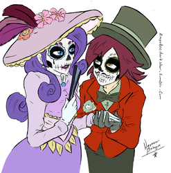 Size: 2126x2151 | Tagged: safe, artist:nayaasebeleguii, normal norman, rarity, human, g4, background human, catrina (calavera garbancera), colored, dapper, dia de los muertos, duo, female, hat, high res, humanized, makeup, male, shipping, straight, top hat