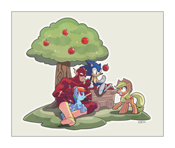 Size: 1000x843 | Tagged: safe, artist:ebita, applejack, rainbow dash, g4, apple, crossover, male, sonic the hedgehog, sonic the hedgehog (series), the flash, tree