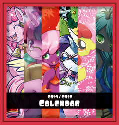 Size: 500x522 | Tagged: safe, artist:kuzumori, apple bloom, cheerilee, queen chrysalis, rarity, twilight sparkle, changeling, changeling queen, g4, book, calendar, female, glasses, pixiv, preview, sunglasses