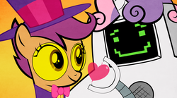 Size: 3000x1673 | Tagged: safe, artist:thematrixman, scootaloo, sweetie belle, g4, cute, hat, heart, jailbot, superjail, the warden, top hat