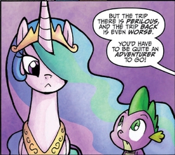 Size: 628x555 | Tagged: safe, idw, official comic, princess celestia, spike, alicorn, dragon, pony, g4, spoiler:comic, spoiler:comicff3, :<, duo, ethereal mane, female, looking at each other, male, mare, offscreen character, panel, speech bubble