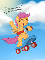 Size: 3000x4000 | Tagged: safe, artist:drako1997, scootaloo, pegasus, pony, g4, ^^, bipedal, bipedal leaning, cloud, earbuds, eyes closed, female, filly, flapping, flapping wings, foal, ipod, leaning, mp3 player, open mouth, scooter, singing, sky, solo, spread wings, wings