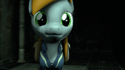 Size: 400x225 | Tagged: safe, artist:argodaemon, oc, oc only, oc:littlepip, pony, unicorn, fallout equestria, 3d, animated, clothes, fanfic, fanfic art, female, floppy ears, gif, hooves, horn, jumpsuit, mare, pipbuck, saddle bag, smiling, solo, source filmmaker, talking, teeth, vault suit, wip
