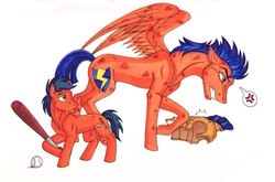 Size: 3308x2184 | Tagged: safe, artist:whitefangkakashi300, first base, flash sentry, earth pony, pegasus, pony, g4, baseball, baseball bat, brothers, do you want to build a snowman, duo, high res, orange bros, tired