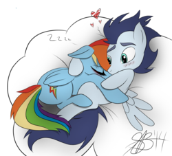 Size: 1024x928 | Tagged: safe, artist:xxxsketchbookxxx, rainbow dash, soarin', g4, blushing, cloud, cuddling, female, heart, hug, male, ship:soarindash, shipping, sleeping, snuggling, spread wings, straight, thick eyebrows, trace