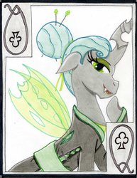 Size: 785x1018 | Tagged: safe, artist:the1king, queen chrysalis, changeling, changeling queen, g4, female, kimono (clothing), playing card, solo, sword