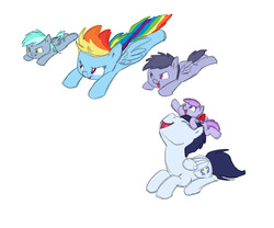 Size: 985x820 | Tagged: safe, artist:carnifex, rainbow dash, soarin', oc, oc:lockheed, oc:mercury, oc:snowburst, g4, colt, cute, family, filly, flying, male, offspring, parent:rainbow dash, parent:soarin', parents:soarindash, ship:soarindash, shipping, straight