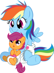 Size: 2999x4012 | Tagged: safe, artist:fallingferret, artist:fillyscoots42, rainbow dash, scootaloo, g4, baby, baby scootaloo, cute, cutealoo, dashabetes, diaper, female, filly, filly rainbow dash, foal, high res, poofy diaper, scootalove, siblings, sisters, younger