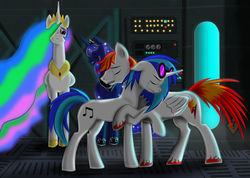 Size: 2040x1454 | Tagged: safe, artist:cloclo2388, dj pon-3, princess celestia, princess luna, vinyl scratch, oc, g4