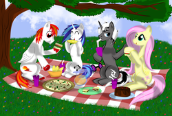 Size: 2053x1389 | Tagged: safe, artist:cloclo2388, dj pon-3, fluttershy, vinyl scratch, oc, g4, picnic