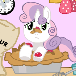 Size: 1440x1440 | Tagged: dead source, safe, artist:lotusmist, sweetie belle, g4, female, food, pie, ponies in food, solo