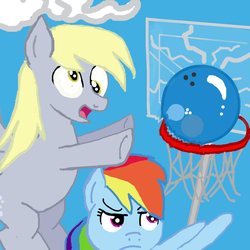 Size: 1389x1389 | Tagged: dead source, safe, artist:lotusmist, derpy hooves, rainbow dash, pegasus, pony, g4, basketball net, bowling ball, duo, female, mare, this will not end well