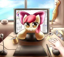 Size: 3130x2807 | Tagged: safe, artist:dyoung, apple bloom, boneless, derpy hooves, human, g4, adorabloom, breaking the fourth wall, chinese, computer, cute, fourth wall, hand, high res, hug request, offscreen character, paint tool sai, pixiv, pov, rubber chicken