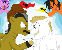 Size: 3232x2624 | Tagged: safe, artist:jamesalpha, artist:tagman007, bulk biceps, screwball, oc, oc:overhaul, earth pony, pegasus, pony, g4, arm wrestling, babscon, background pony, dustykatt, high res, male, ponified, ponysona, solrac, stallion, unshorn fetlocks