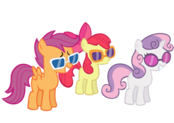 Size: 1024x724 | Tagged: safe, artist:roxy-cream, apple bloom, scootaloo, sweetie belle, earth pony, pegasus, pony, unicorn, for whom the sweetie belle toils, g4, cutie mark crusaders, female, filly, foal, simple background, sunglasses, transparent background