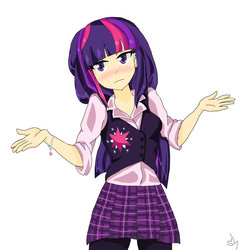 Size: 894x894 | Tagged: safe, artist:niamunon, artist:semeshimmer, twilight sparkle, human, g4, blushing, clothes, cute, female, humanized, miniskirt, pixiv, school uniform, schoolgirl, shrug, shrugpony, skirt, solo, twiabetes, vest