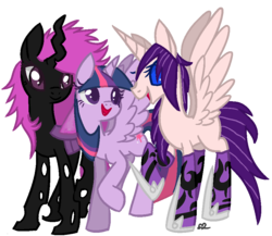 Size: 892x776 | Tagged: safe, artist:xxmentalincxx, twilight sparkle, oc, oc:akantia solaris, oc:queen metamorphosis, alicorn, changeling, changeling queen, pony, g4, alicorn oc, changeling queen oc, female, purple changeling, twilight sparkle (alicorn)