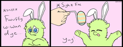 Size: 1853x709 | Tagged: safe, artist:fillialcacophony, fluffy pony, 2 panel comic, bait and switch, bunny ears, comic, crying, easter, easter egg, hugbox, pun