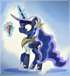 Size: 1658x1800 | Tagged: safe, artist:ruhisu, princess luna, alicorn, pony, g4, female, glowing, glowing horn, hat, horn, ice cream, magic, solo